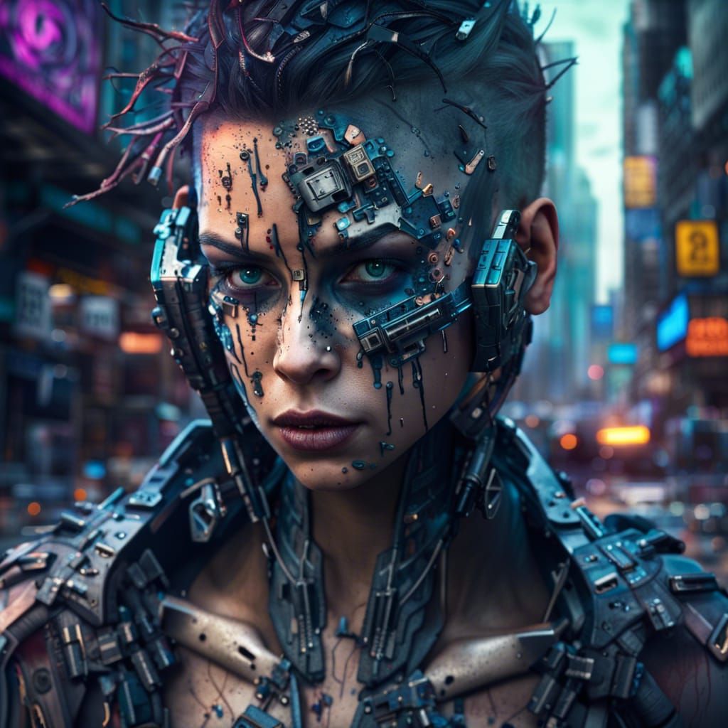 Photorealistic Cyborg in Dystopian Cyberpunk City