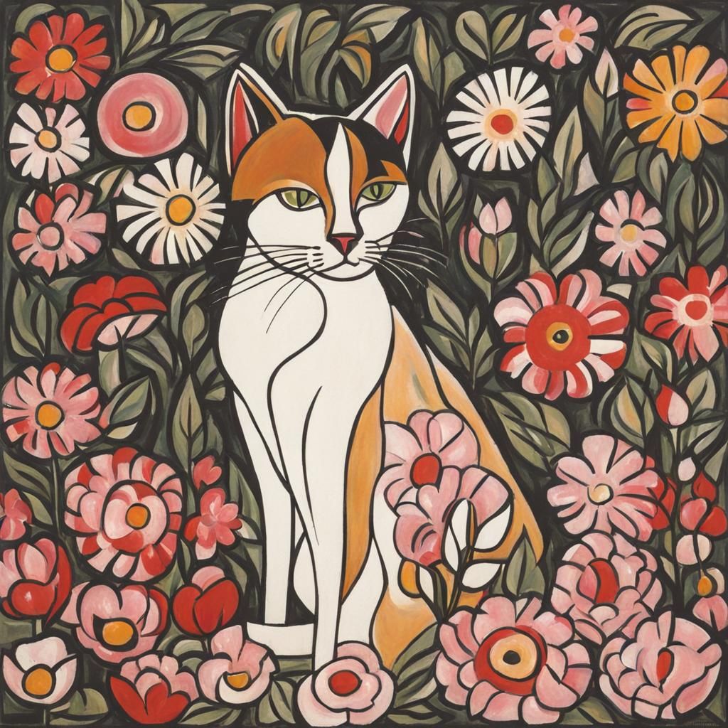 Cute Cat Surrounded by Flowers in Abstract Style