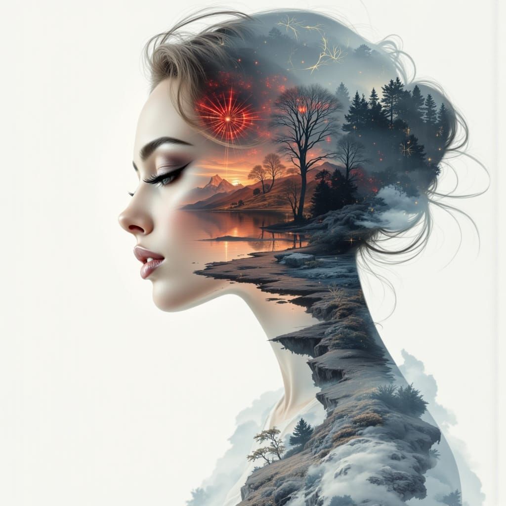 Glass Woman in Fire: Double Exposure Art