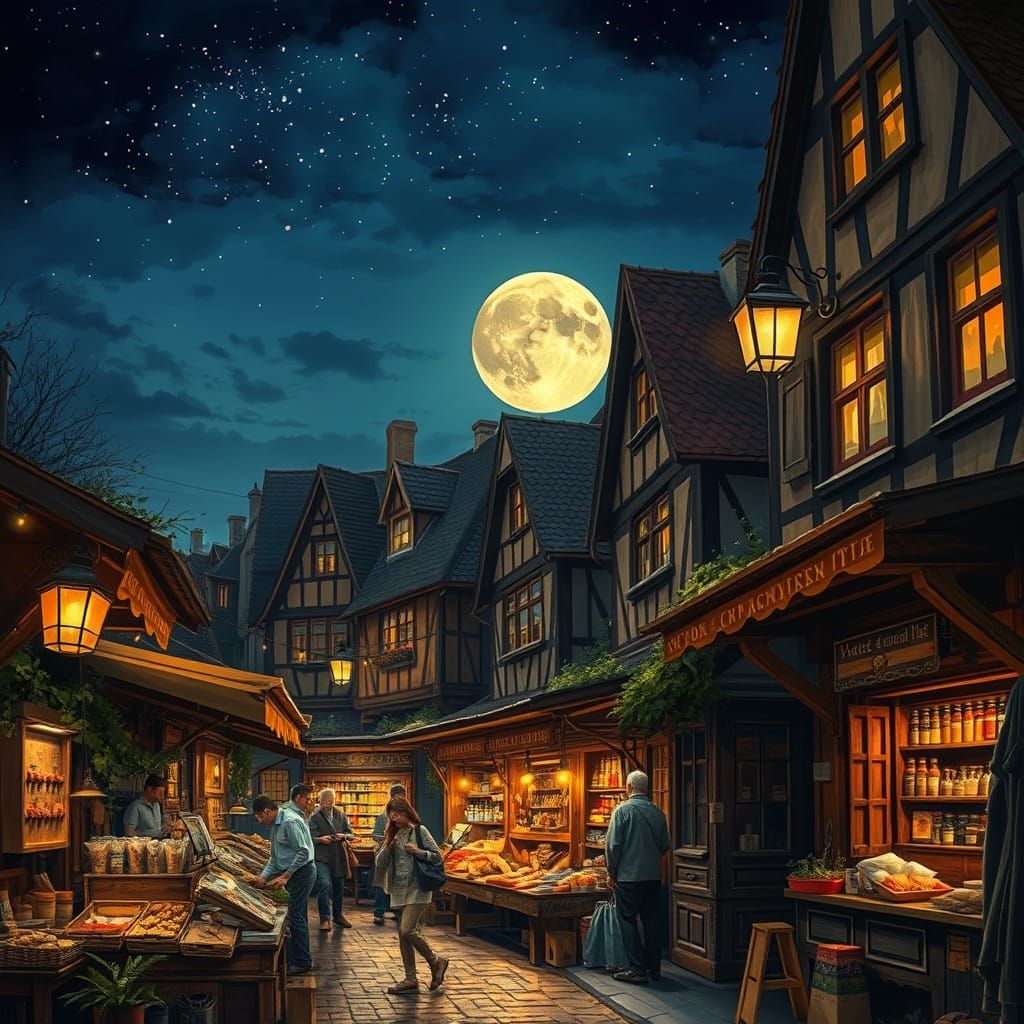 Enchanting Night Market Scene Under Golden Starlight