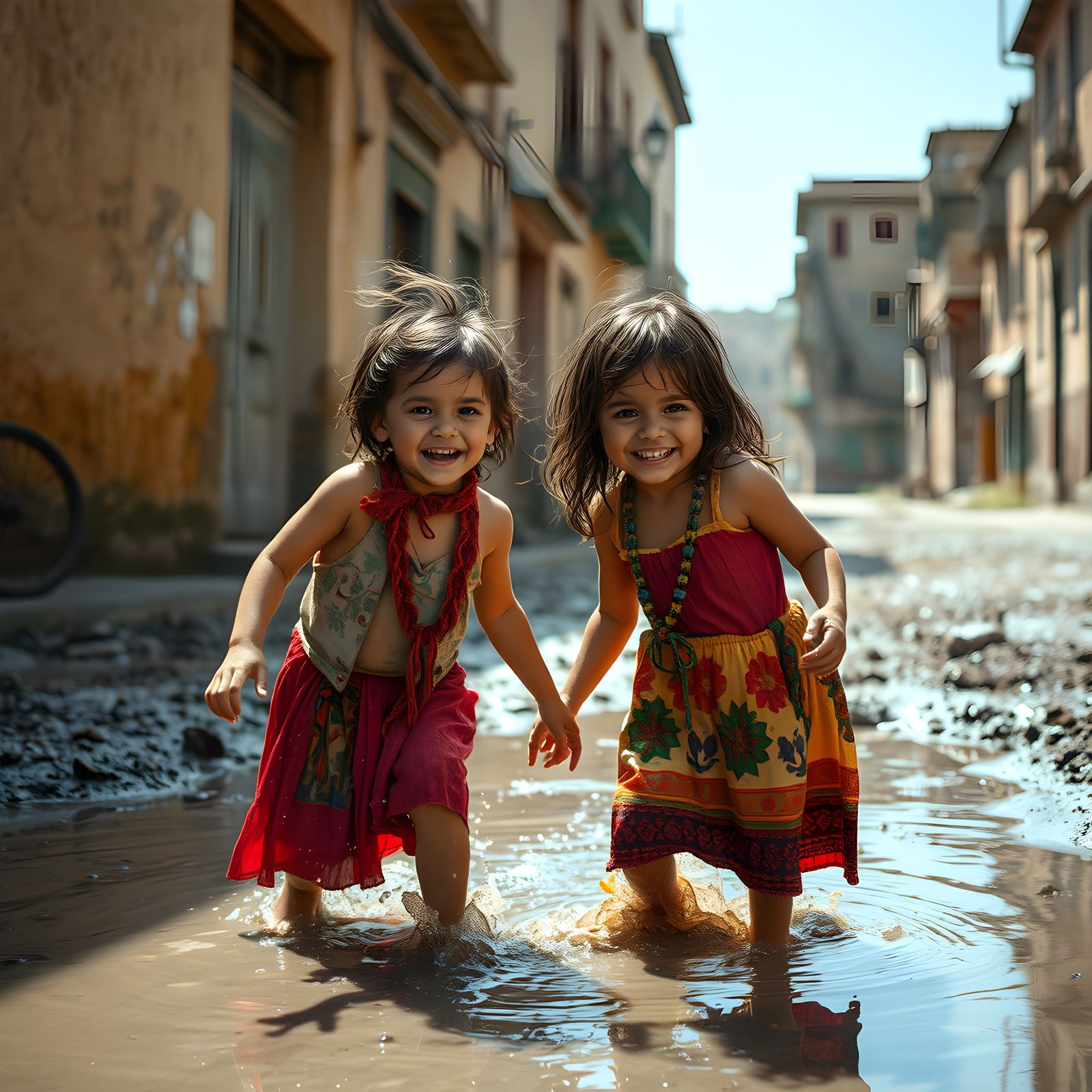 Children Playing in Mud: Cinematic Street Scene