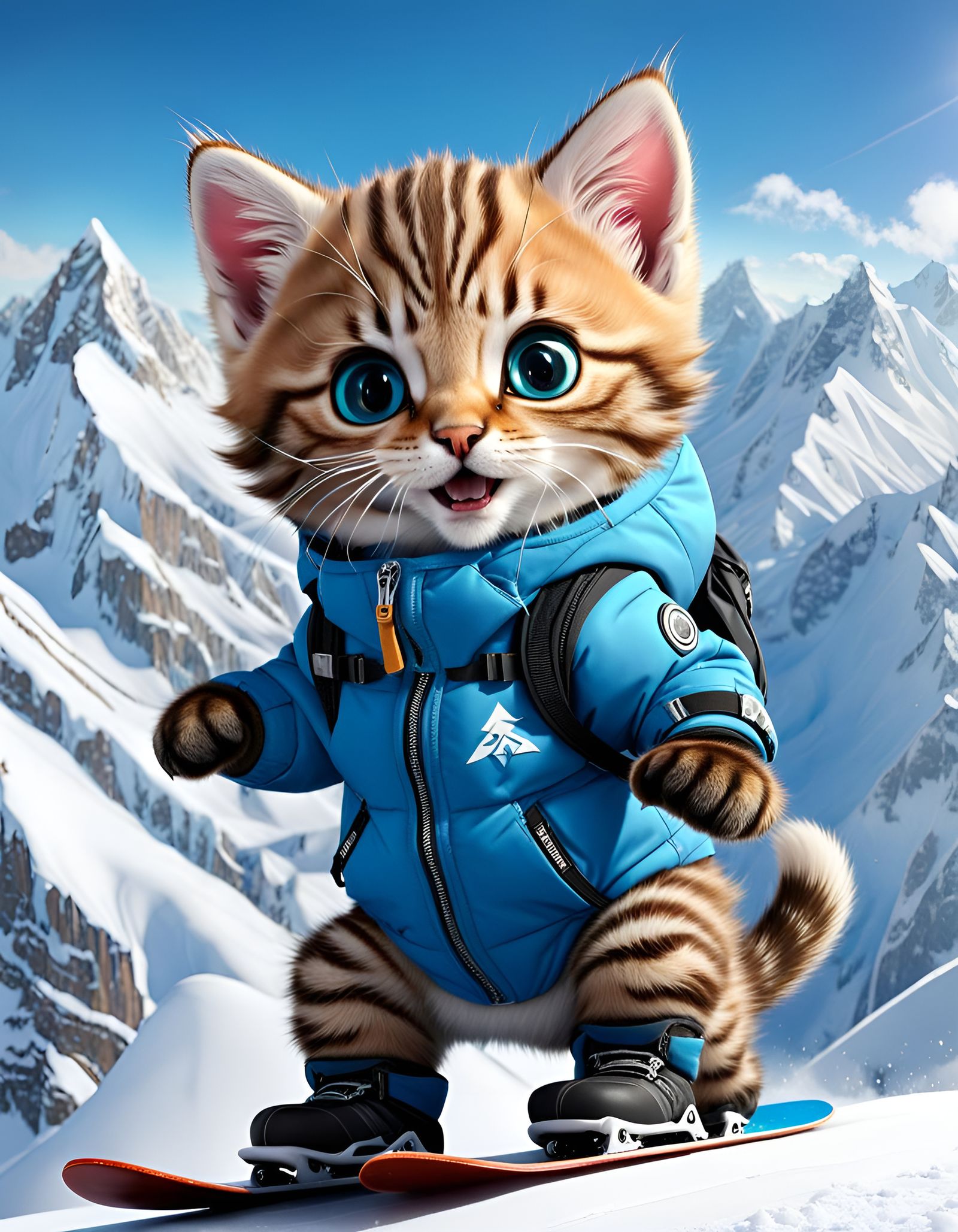 kitten riding the snowboard