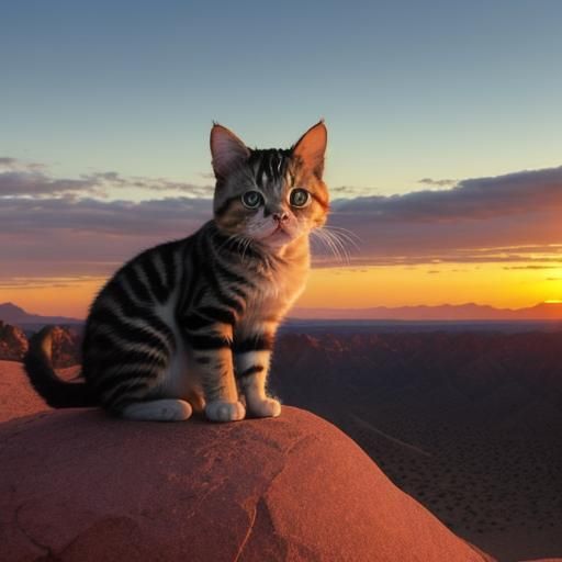 Grumpy Kitten at Sunset in Desert Landscape