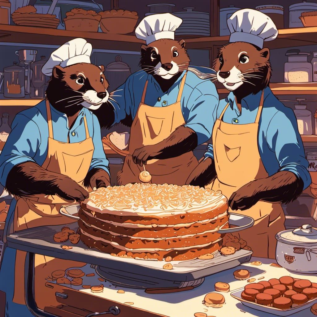 Otters Baking a Cake in Anime Style