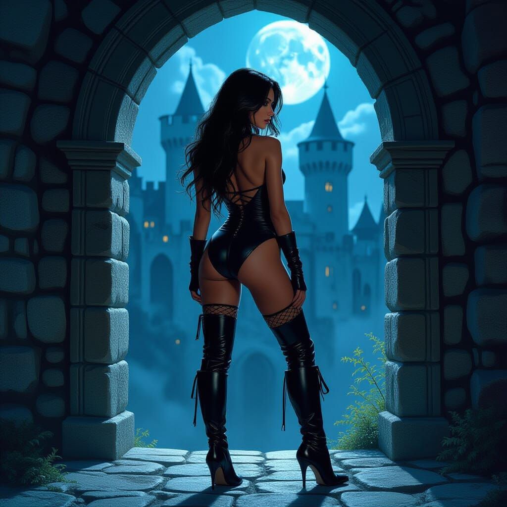 Ethereal Moonlight Fantasy Castle with Seductive Woman