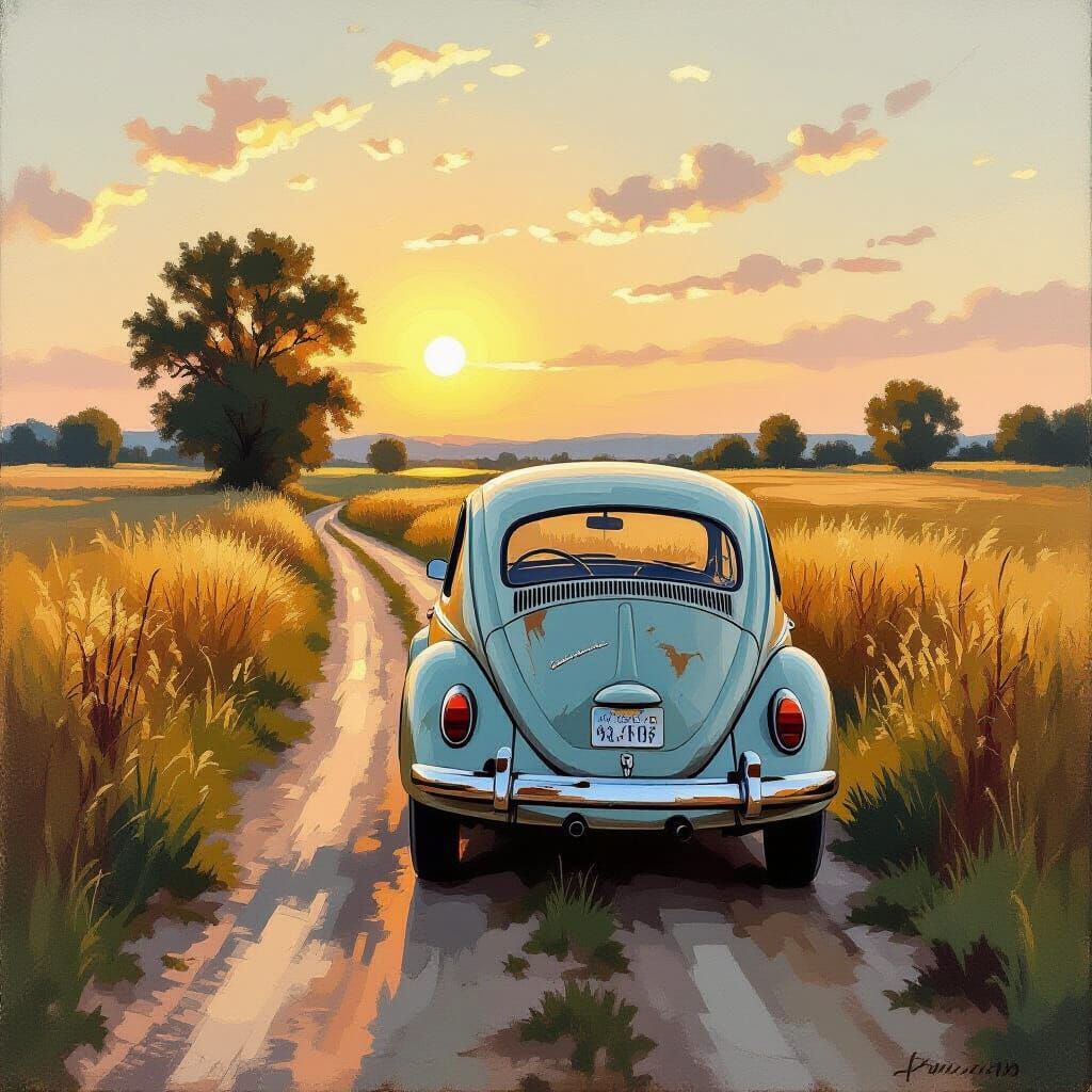 Weathered VW Beetle on Dusty Road at Sunset