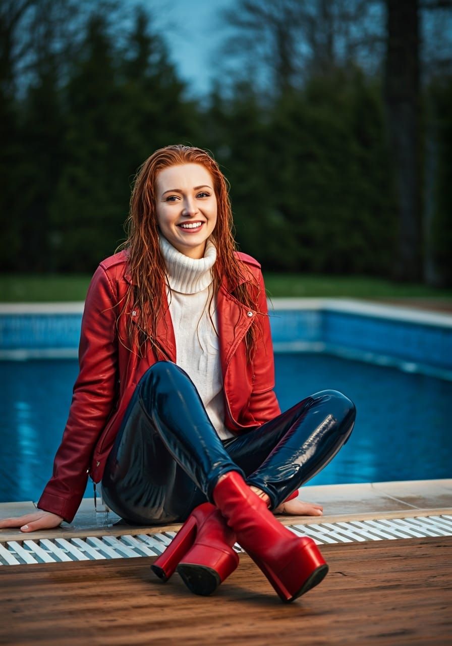 Radiant Redhead by Pool in Film Still Style