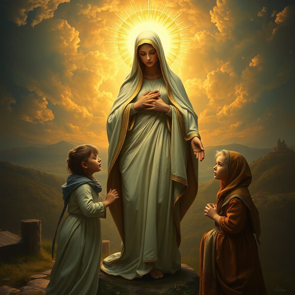 Blessed Mother Apparition in Fatima: Surreal Oil Painting
