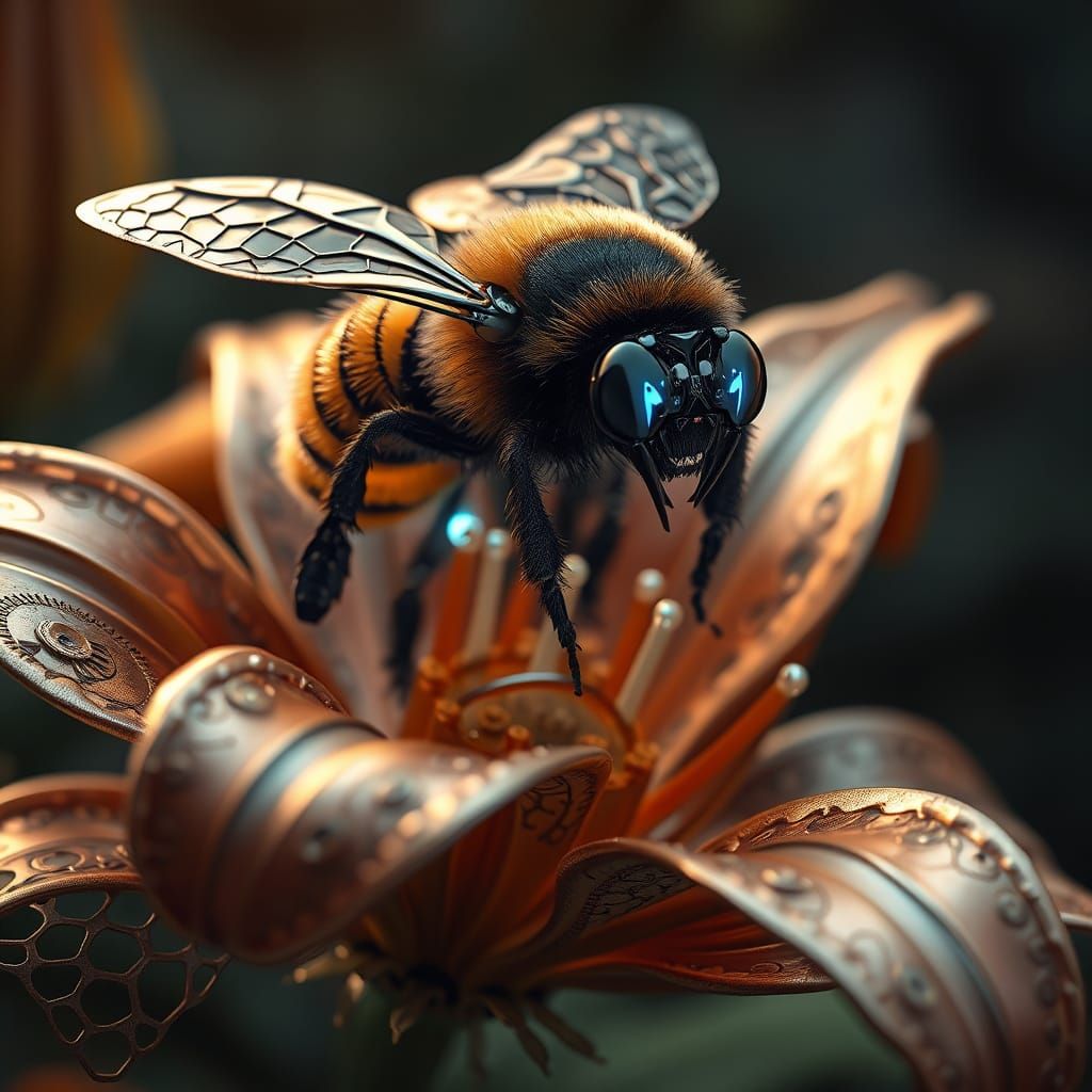 Cybernetic Bumblebee Adorns Futuristic Metallic Lily