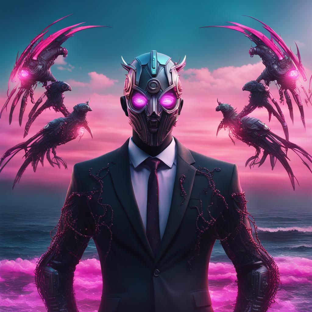 Cybergoth Man with Glowing Eyes Ocean Backdrop