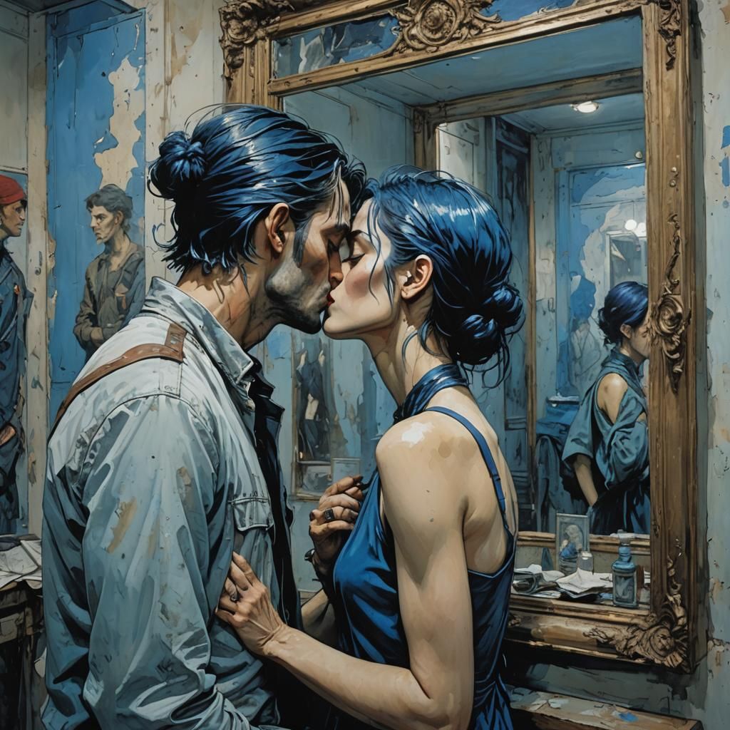 Tense Kiss Scene in Science Fiction Comic Style