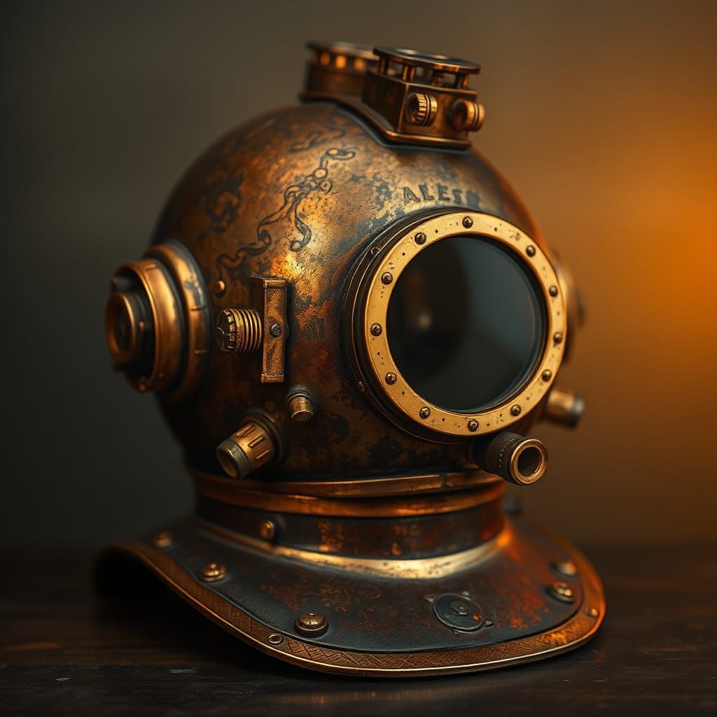 Antique Scuba Diving Helmet in Hyperrealistic Style