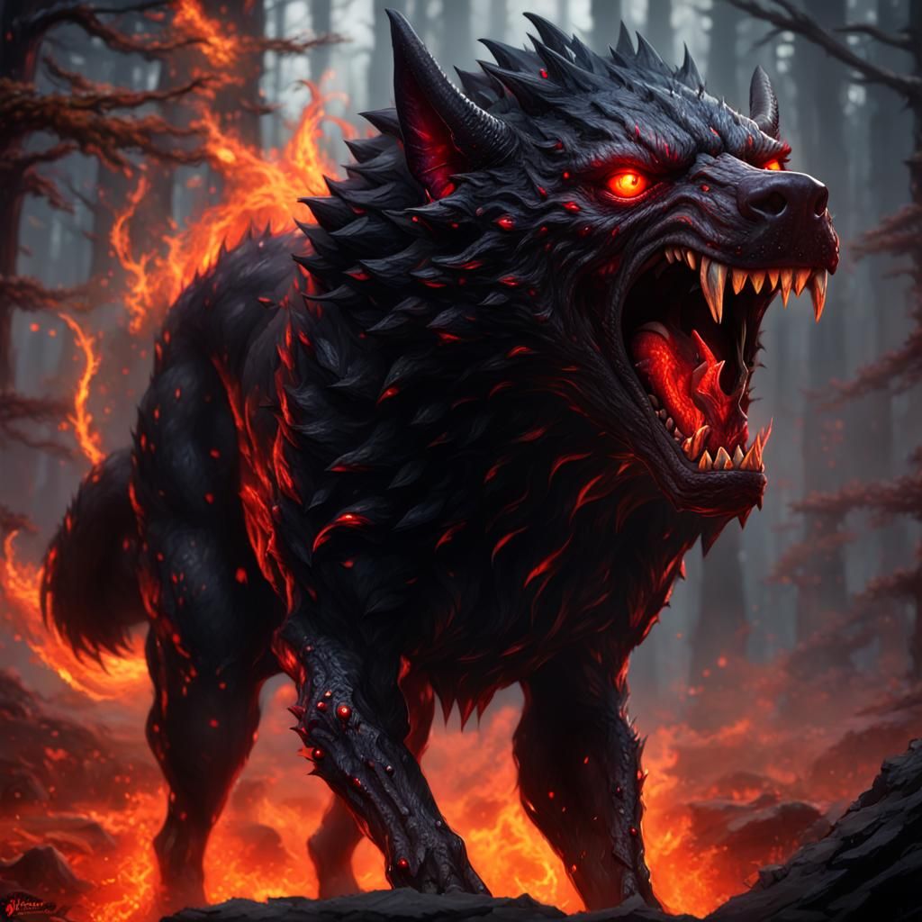 Demonic Hellhound in a Fiery Forest