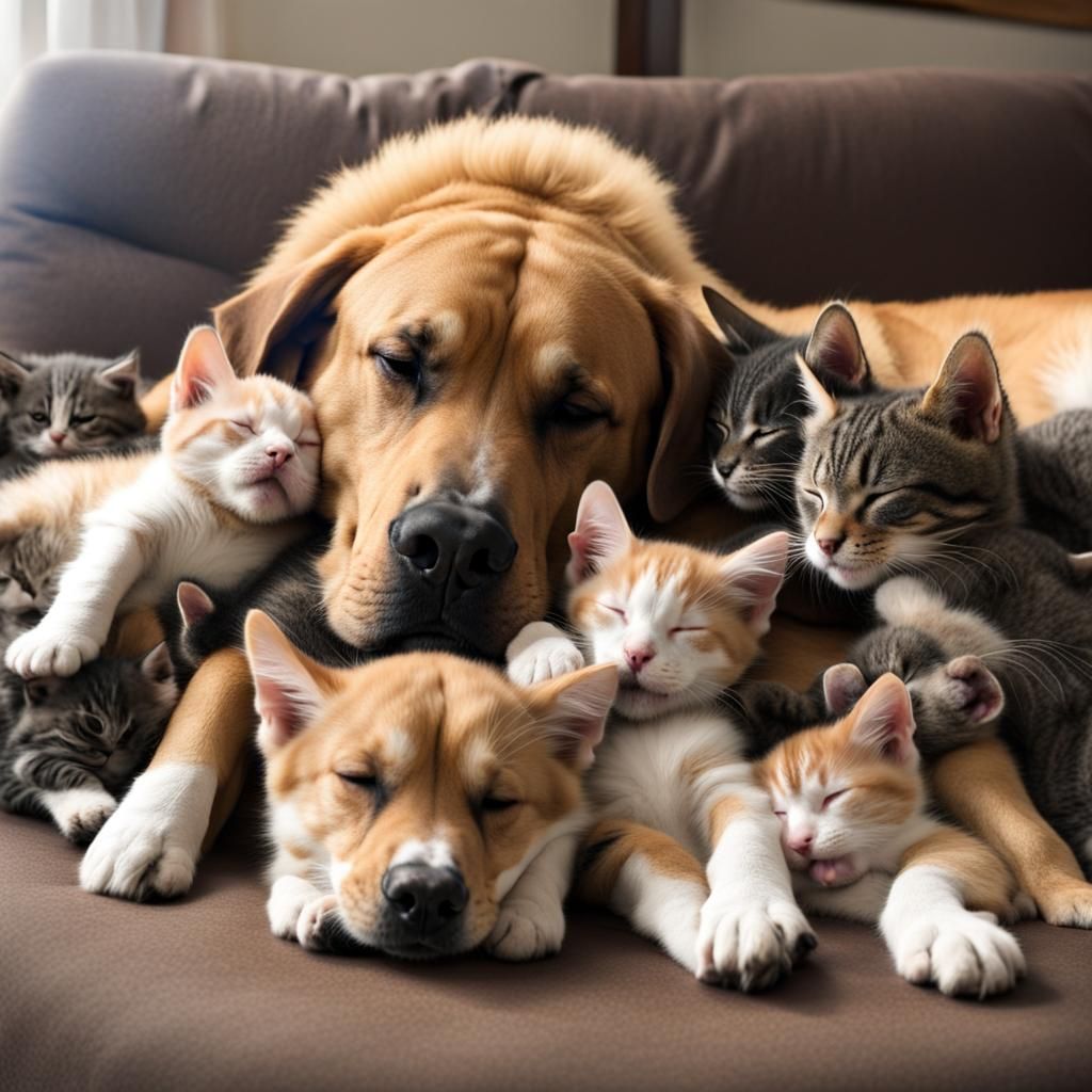 Gentle Giant: Kittens Napping on Big Dog
