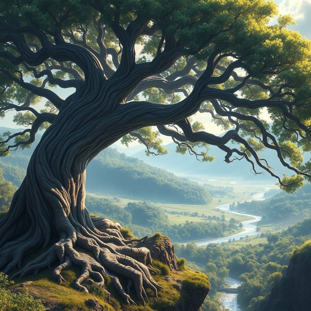 Ancient Tree Majestically Overlooks Serene Valley in Anime-S...