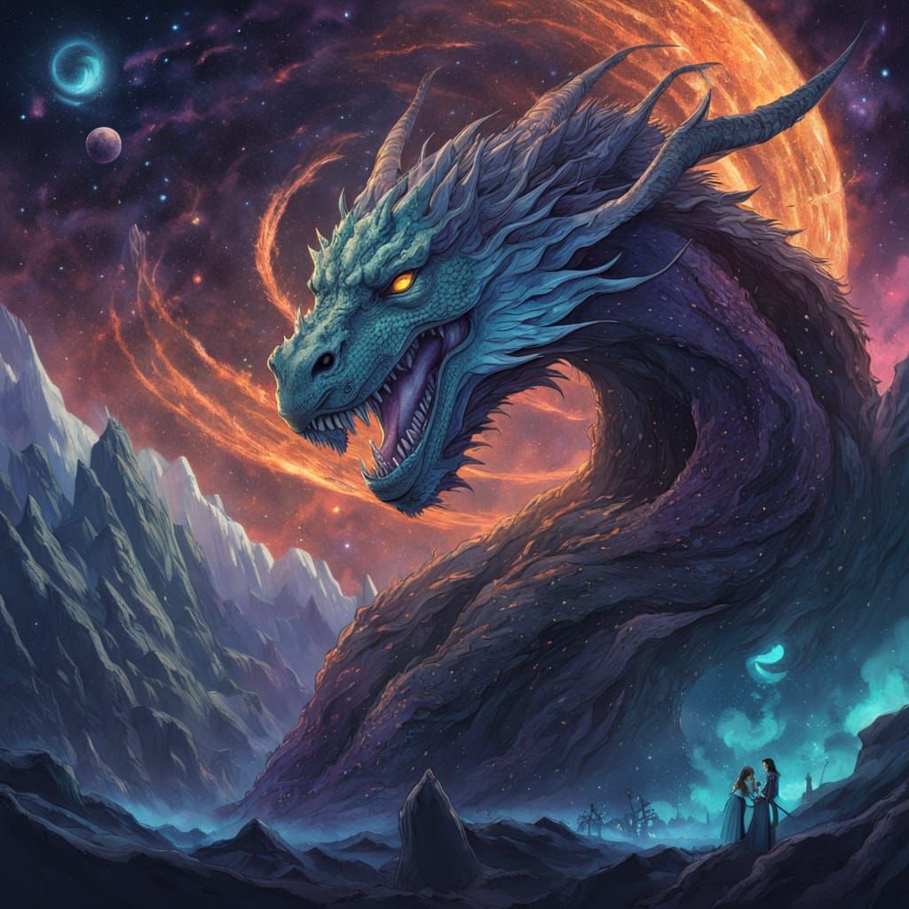 Bioluminescent Dragon Soaring Through Nebula, Dark Fantasy A...