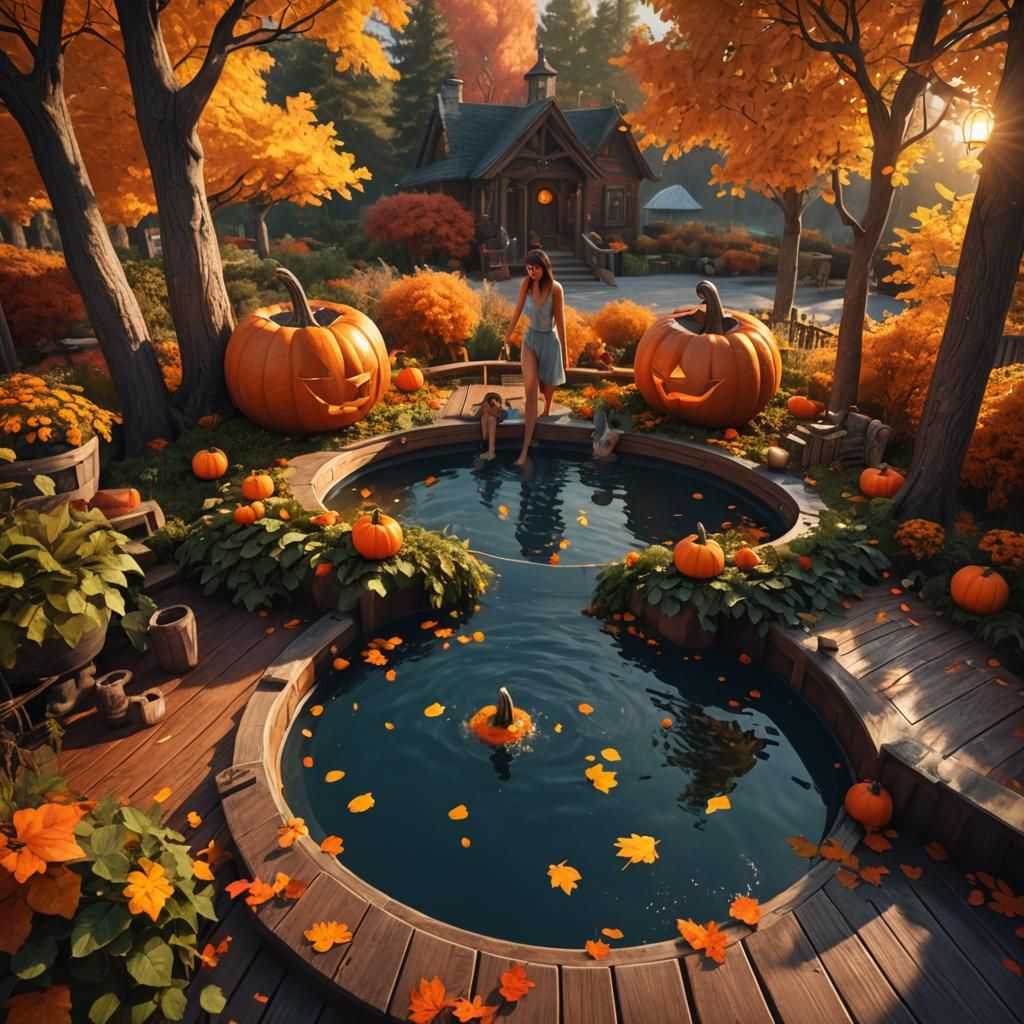 Fantasy Pumpkin Jacuzzi Among Fall Foliage
