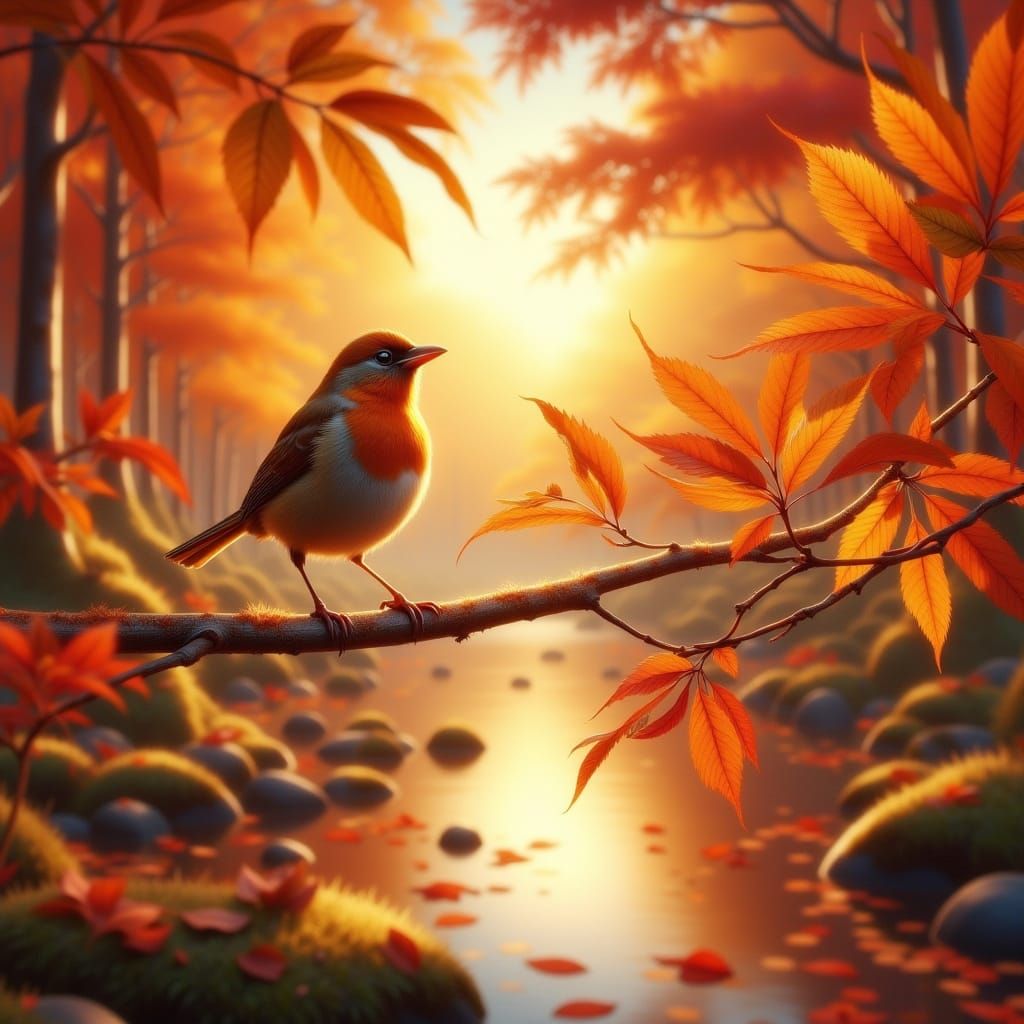 Sparrow on Autumn Branch at Sunset