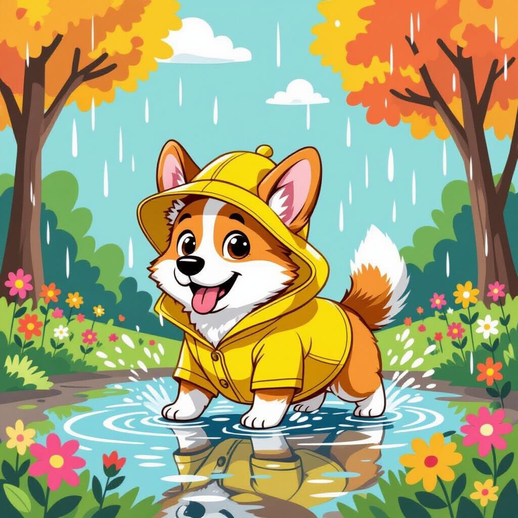 Corgi in Raincoat Splashing: Whimsical Cartoon Style