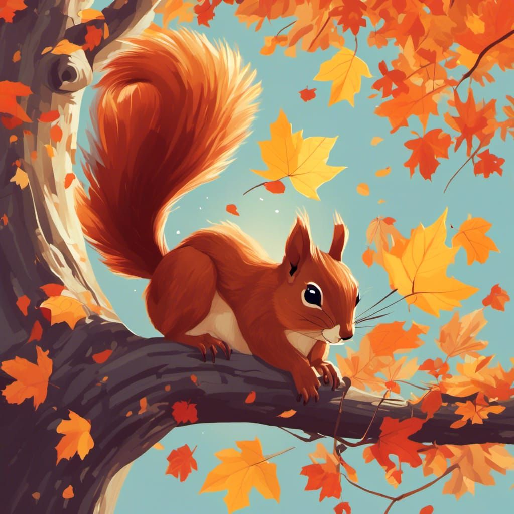 Squirrel in Autumn Tree, Cel-Shaded Style