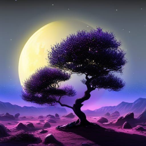 Mystic Bonsai Trees Under Colorful Moons