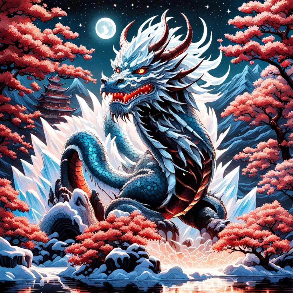 Ice Dragon Sculpture in Space, Maximalist Gouache Art