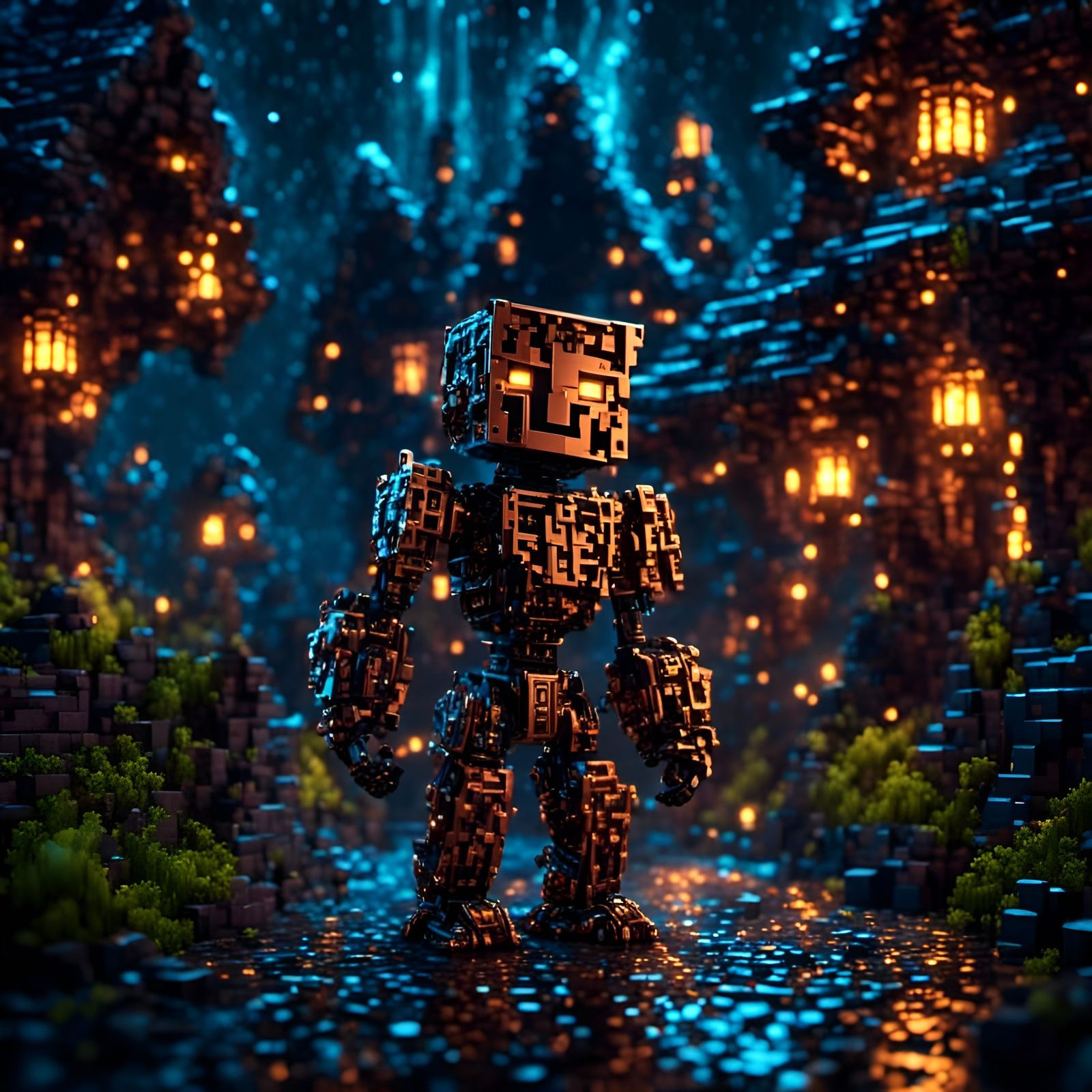 Chibi Minecraft Golem on Cosmic Moonlit Night
