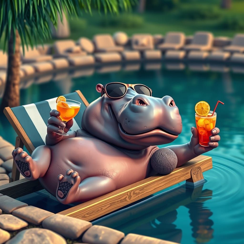 Relaxing Hippopotamus Enjoys Cocktail by Pond
