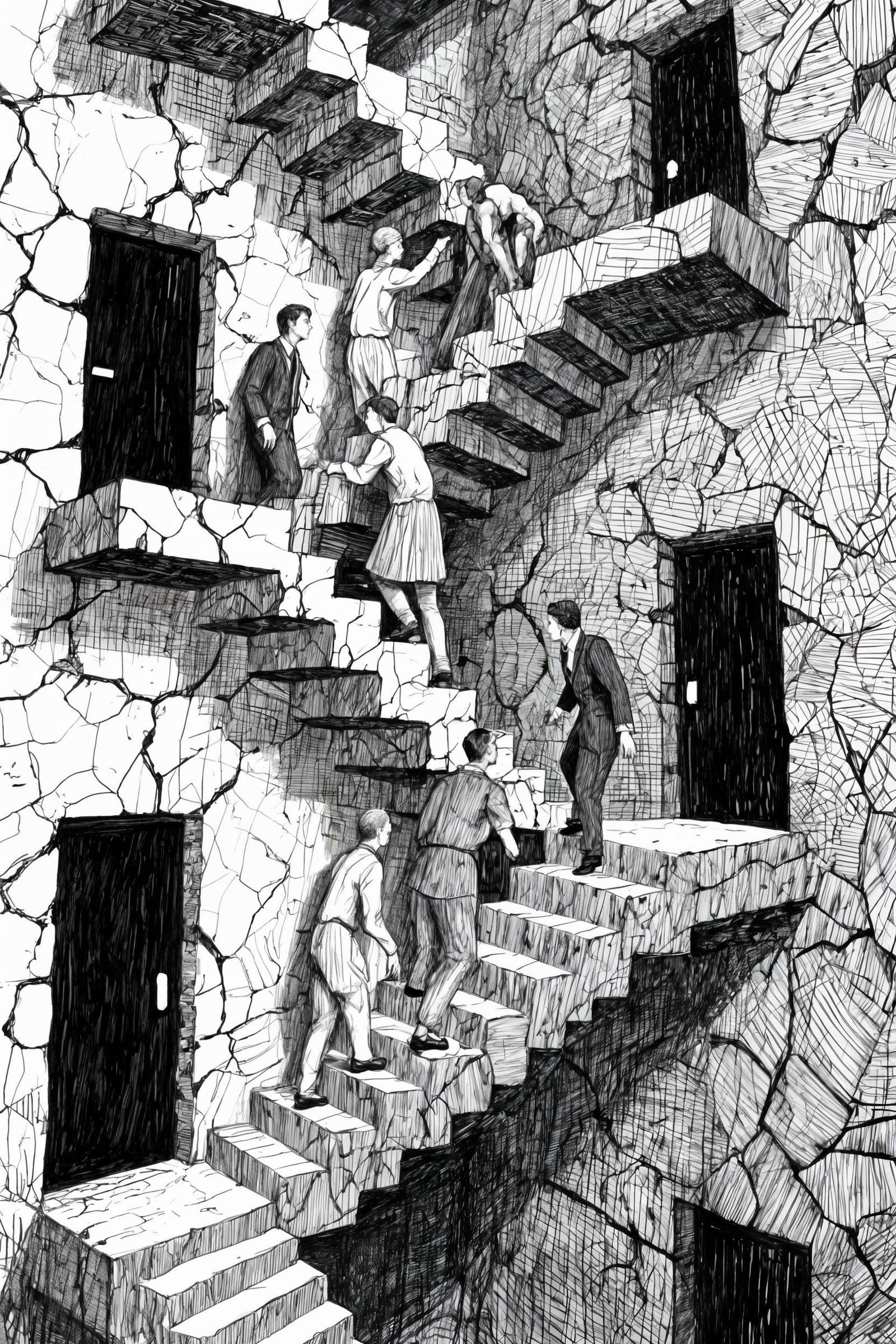 Surreal Endless Staircase in Monochromatic Ink Drawing
