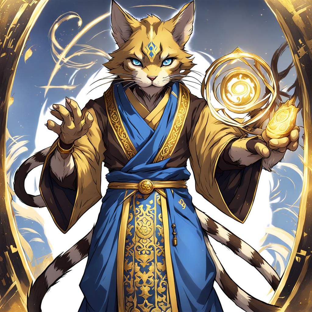 Tabaxi Monk in Anime Style with Blue and Gold