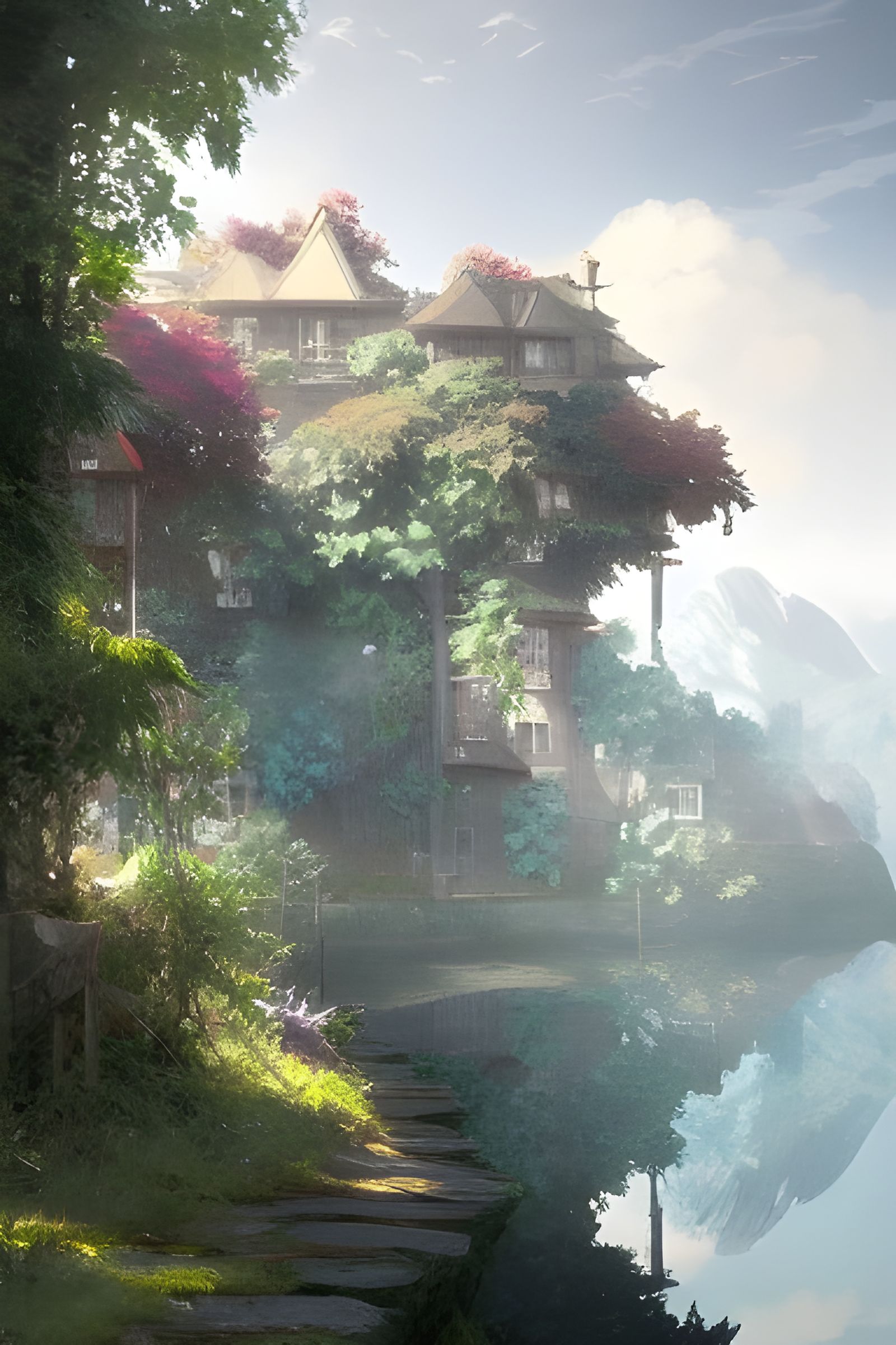 Hidden Crystal Village, Digital Cel-Shaded Painting