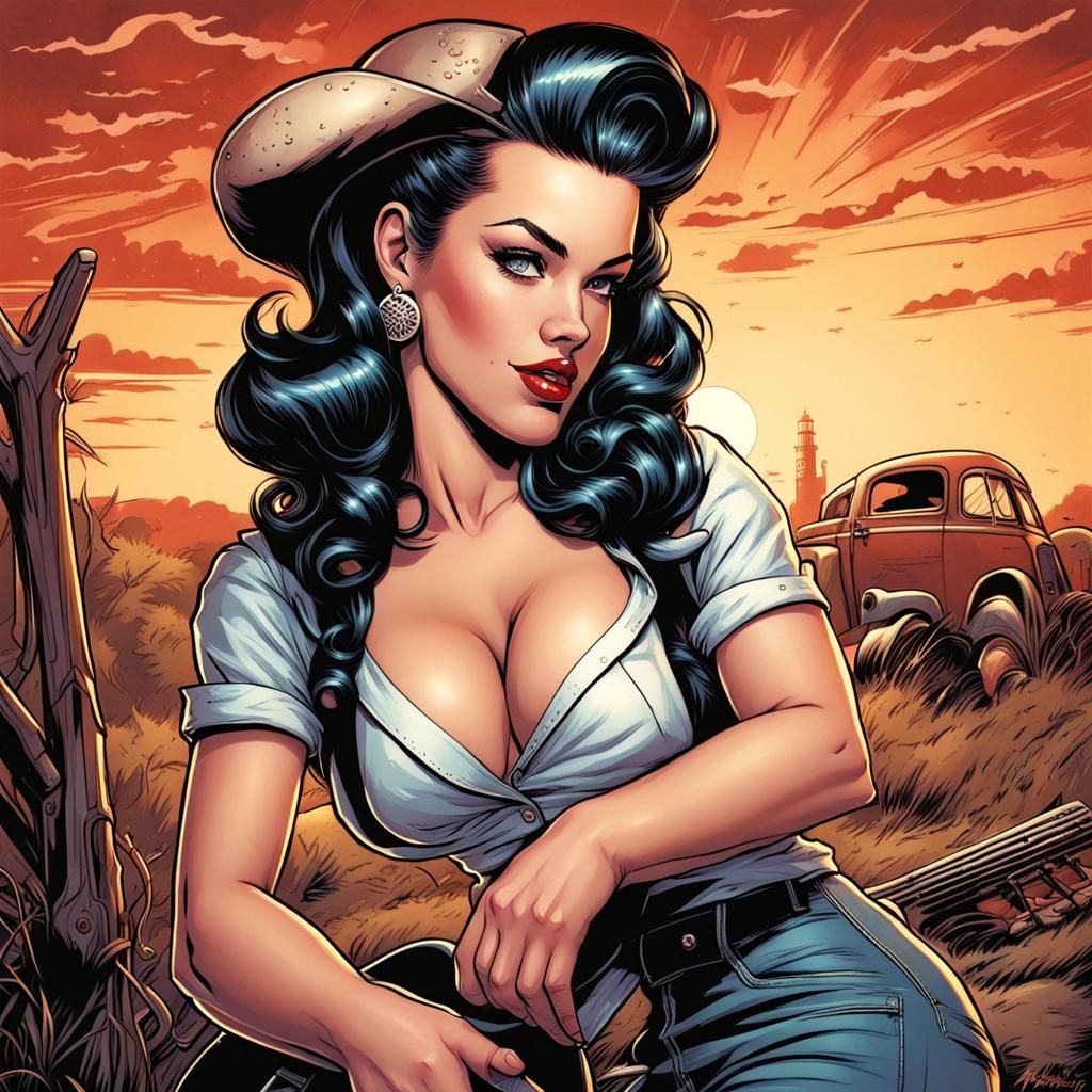 Rockabilly Pinup Girl in Comic Book Art Style