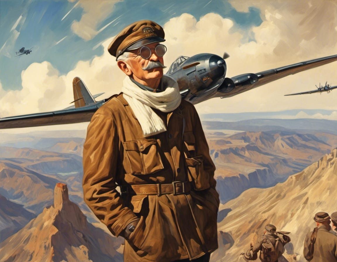 WWI Pilot Watches B-2 Bomber in Art Deco Style