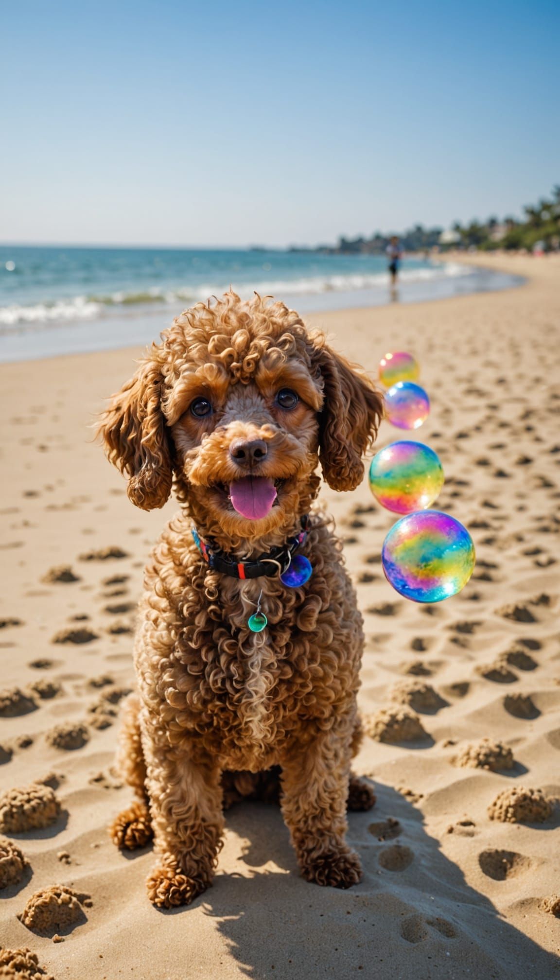 Toy Poodle Puppies Playing with Bubbles on Beach
