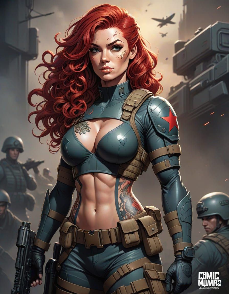Sultry Warrior with Vibrant Red Locks and Intricate Tattoos