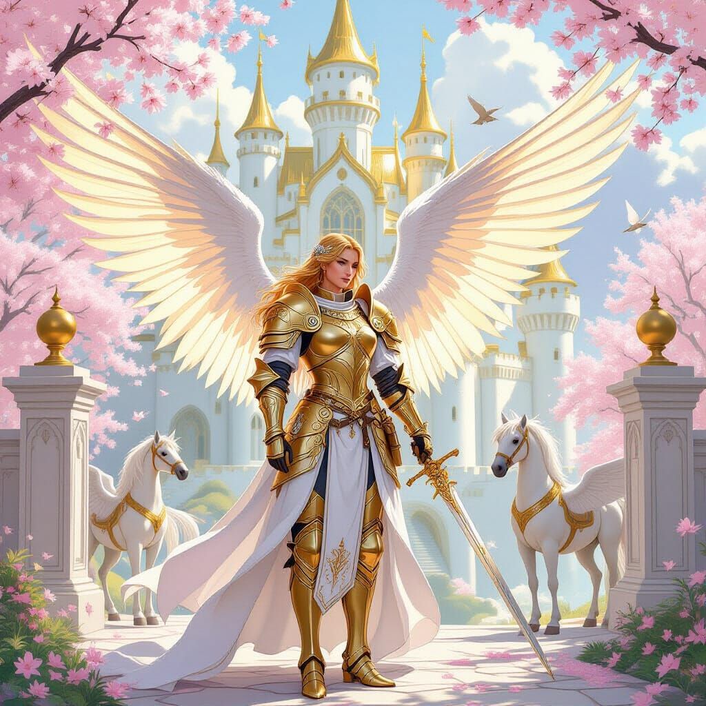 Aasimar Knight in Golden Armor, Art Nouveau Style