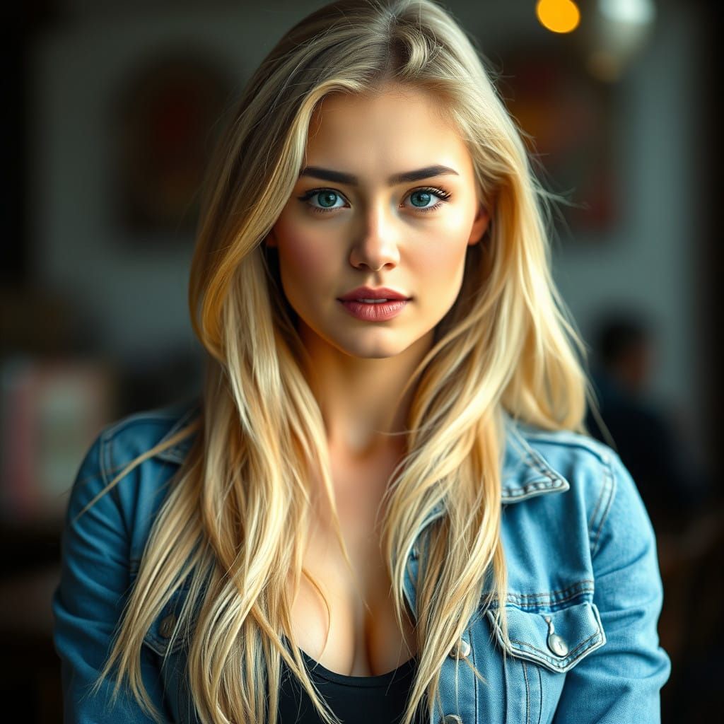 Elegant Blonde Woman in Denim Jacket with Golden Hair