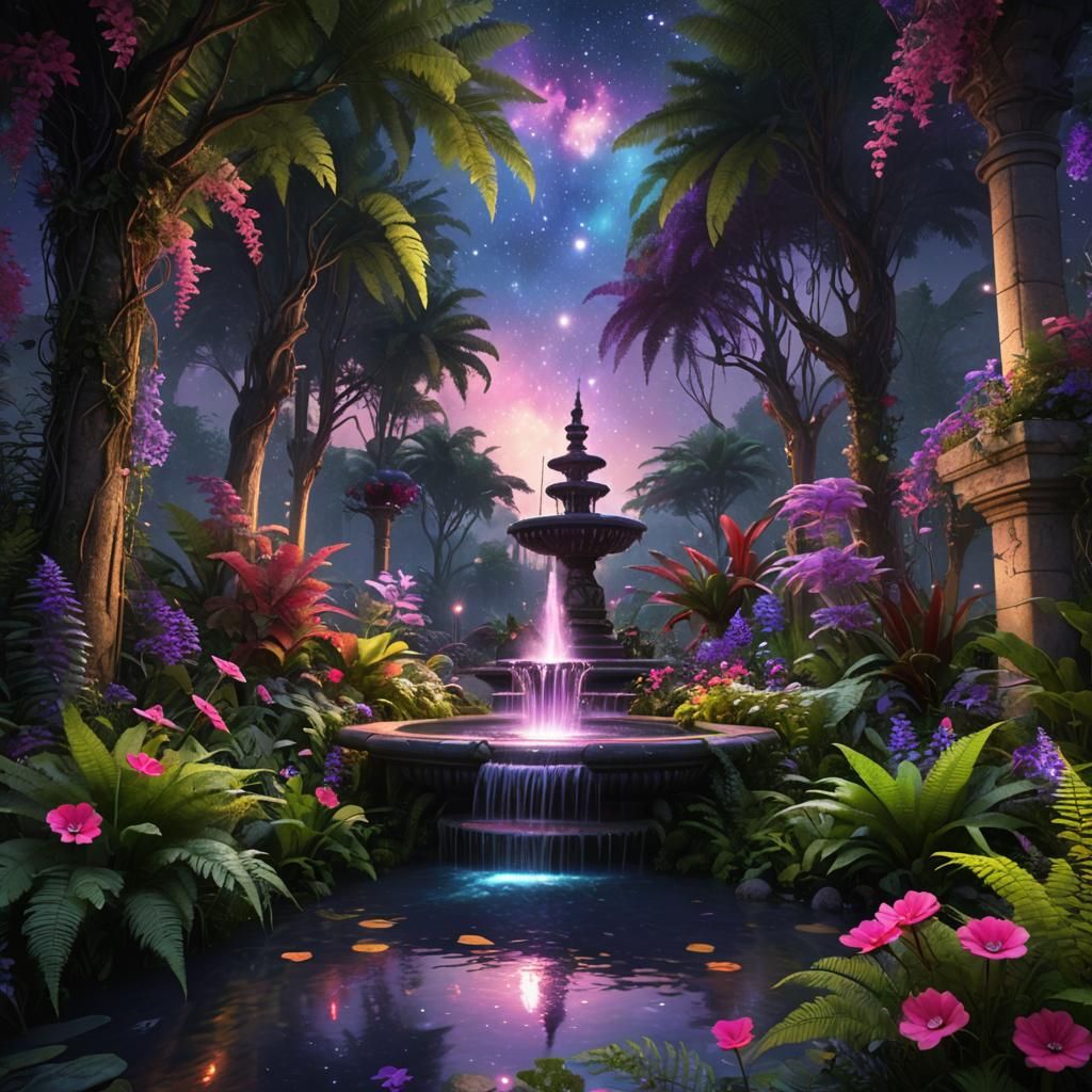 Enchanted Garden with Flowing Fountains in Pastel Colors
