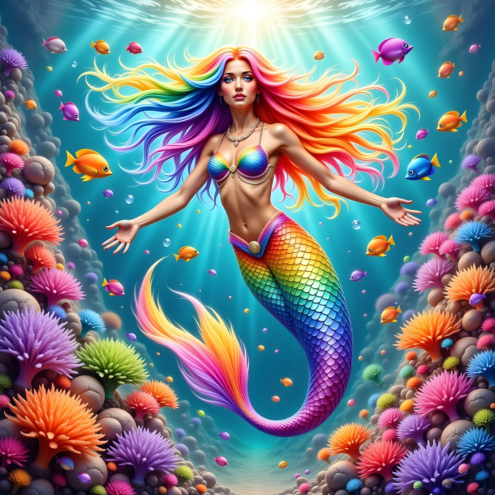 Mermaid with Fiery Rainbow Hair in Coral Reef