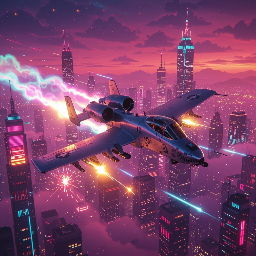 Chrome A-10 Warthog in Vaporwave City, Firing Sparks