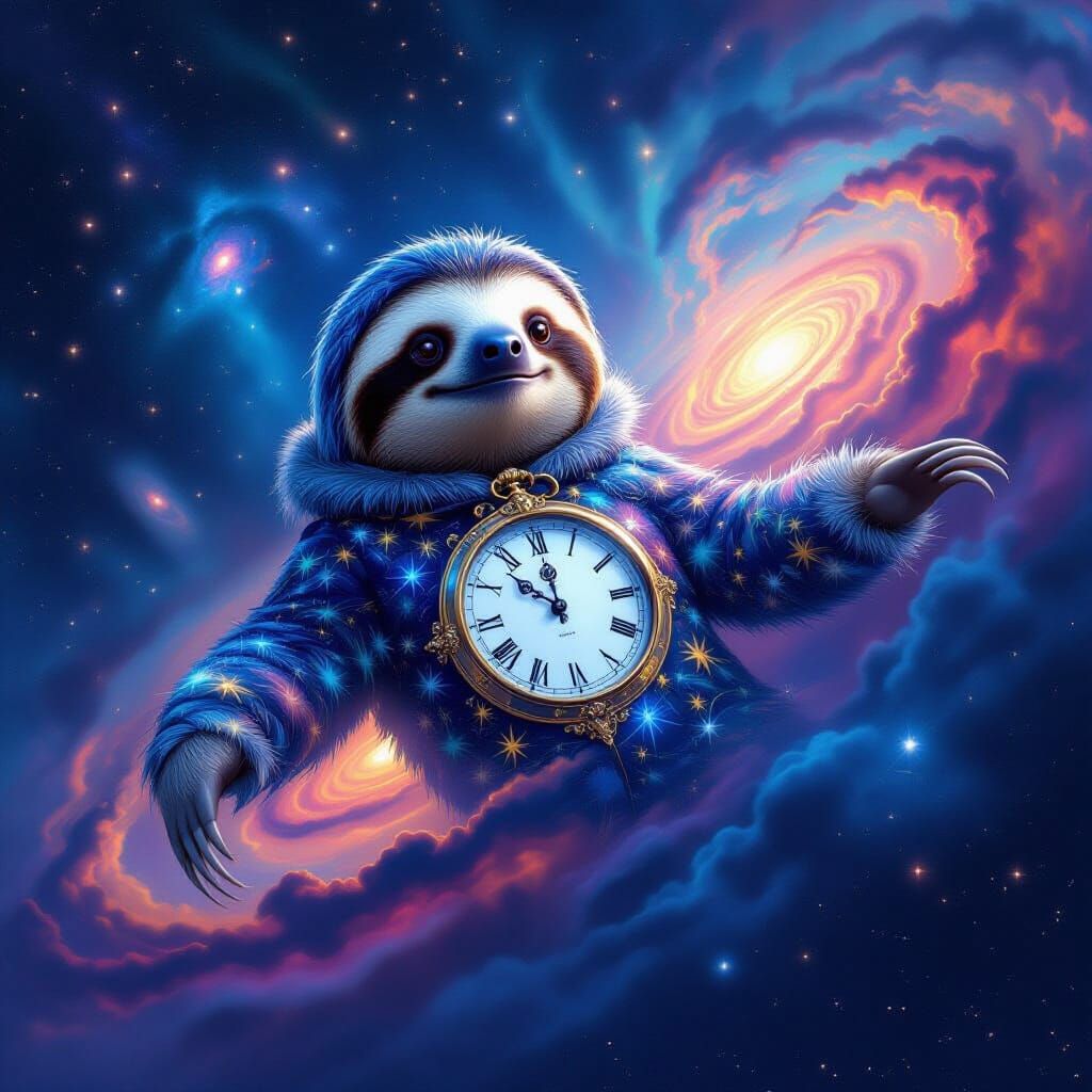 Cosmic Sloth in Clock Fur Navigates Swirling Galaxies