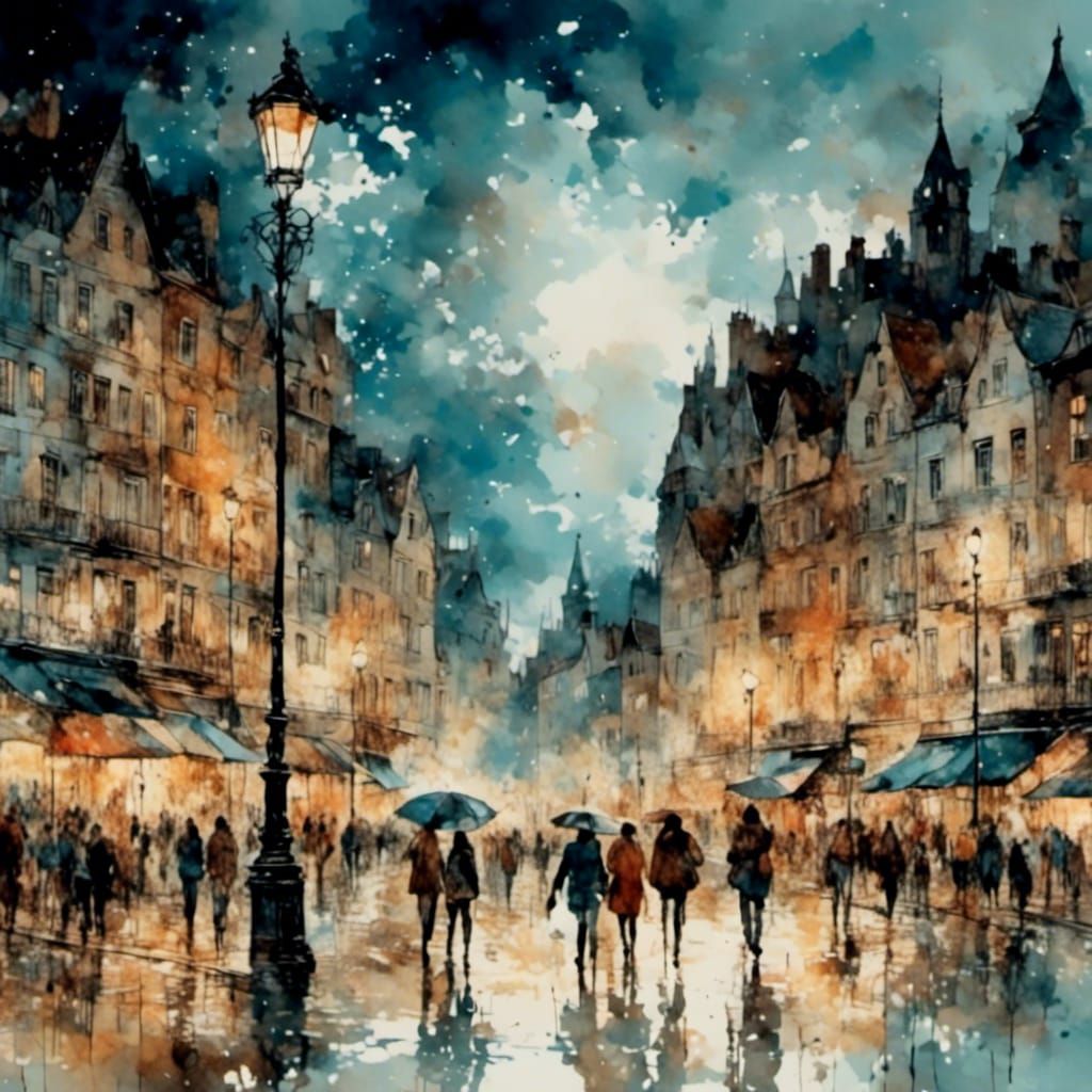 Lancaster Street Scene at Night in Watercolor