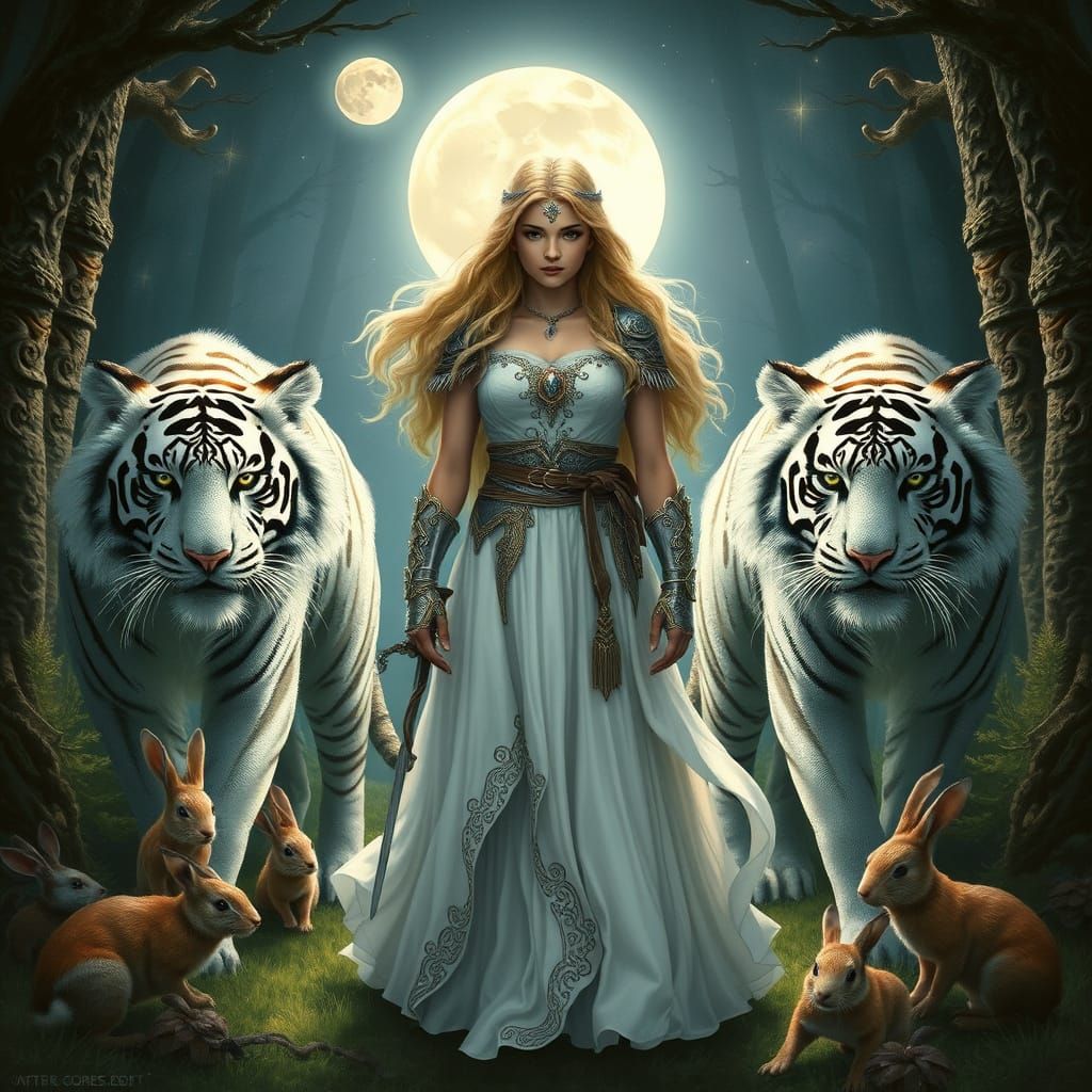 Celtic Princess Warrior Surrounded by Tigers in Enchanted Fo...