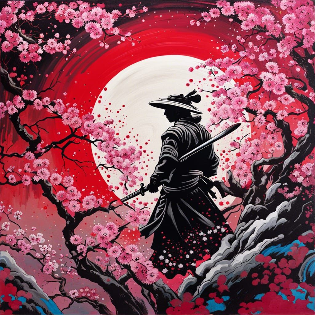 Samurai Silhouette in Cherry Blossom Field, Graffiti Art