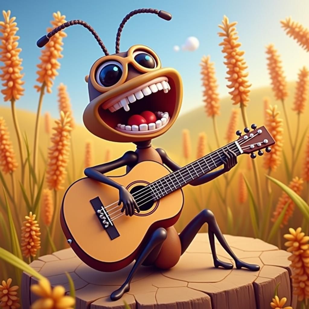 Ant Guitarist Serenades in Whimsical Garden Setting