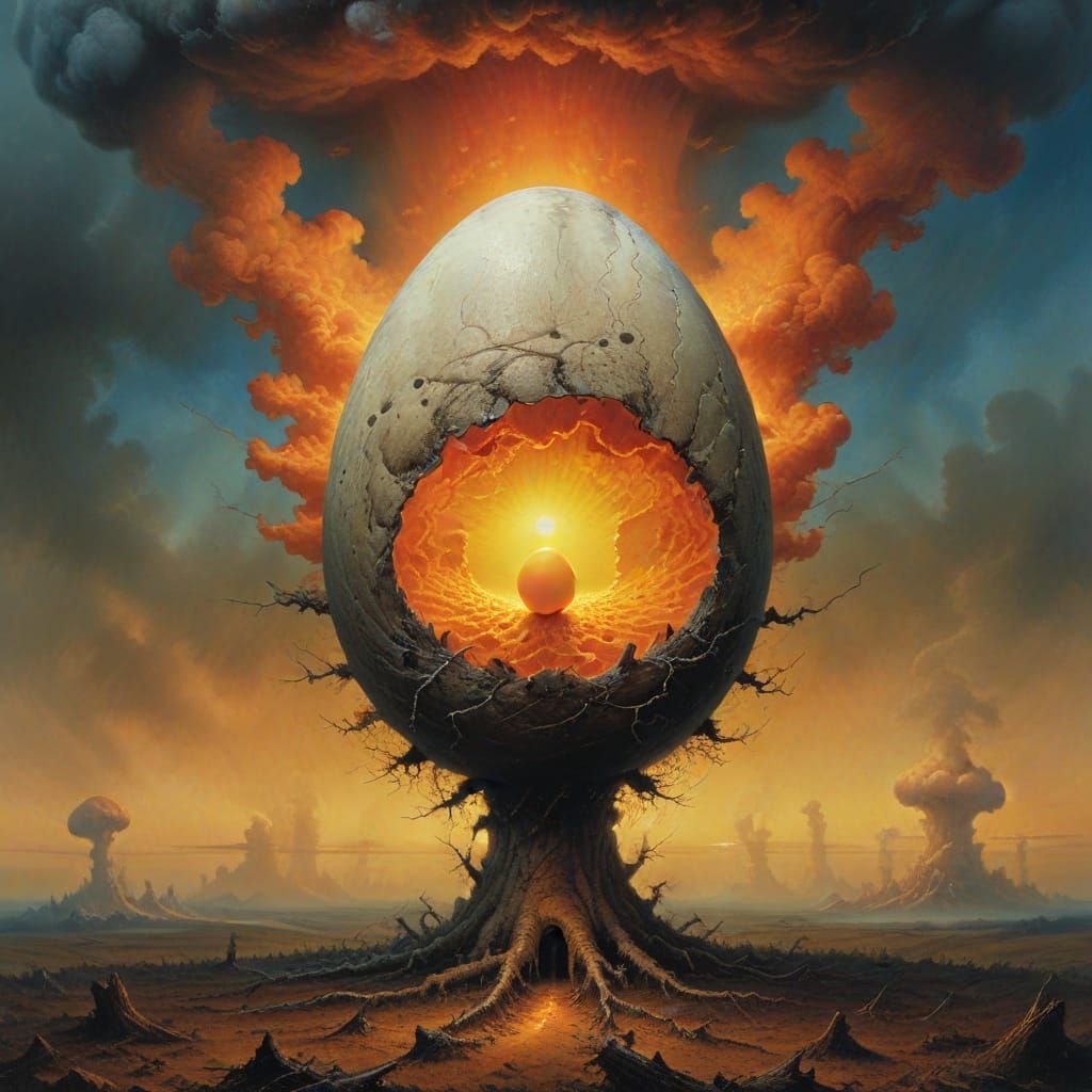 Angry Egg on Nuclear Cloud in Beksiński Style