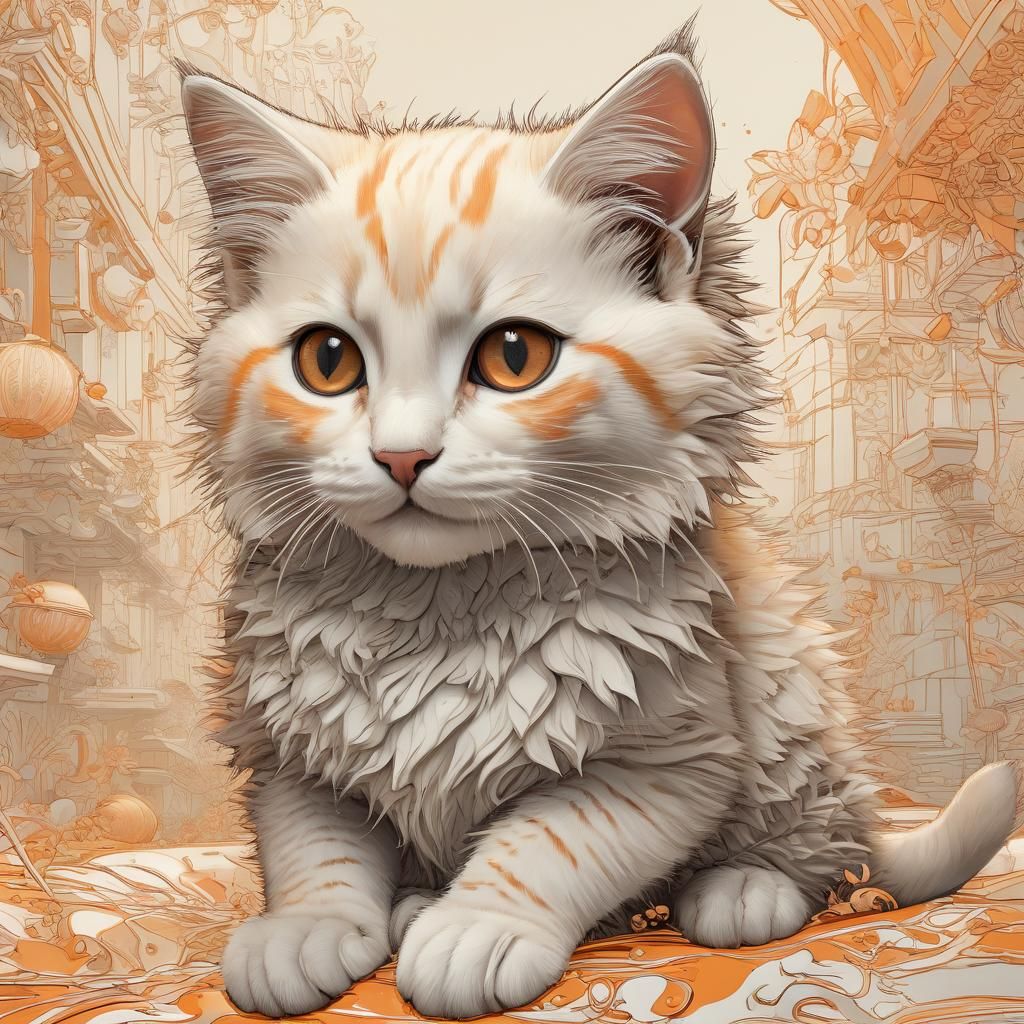 Monochromatic Orange Kitten in Watercolor Style