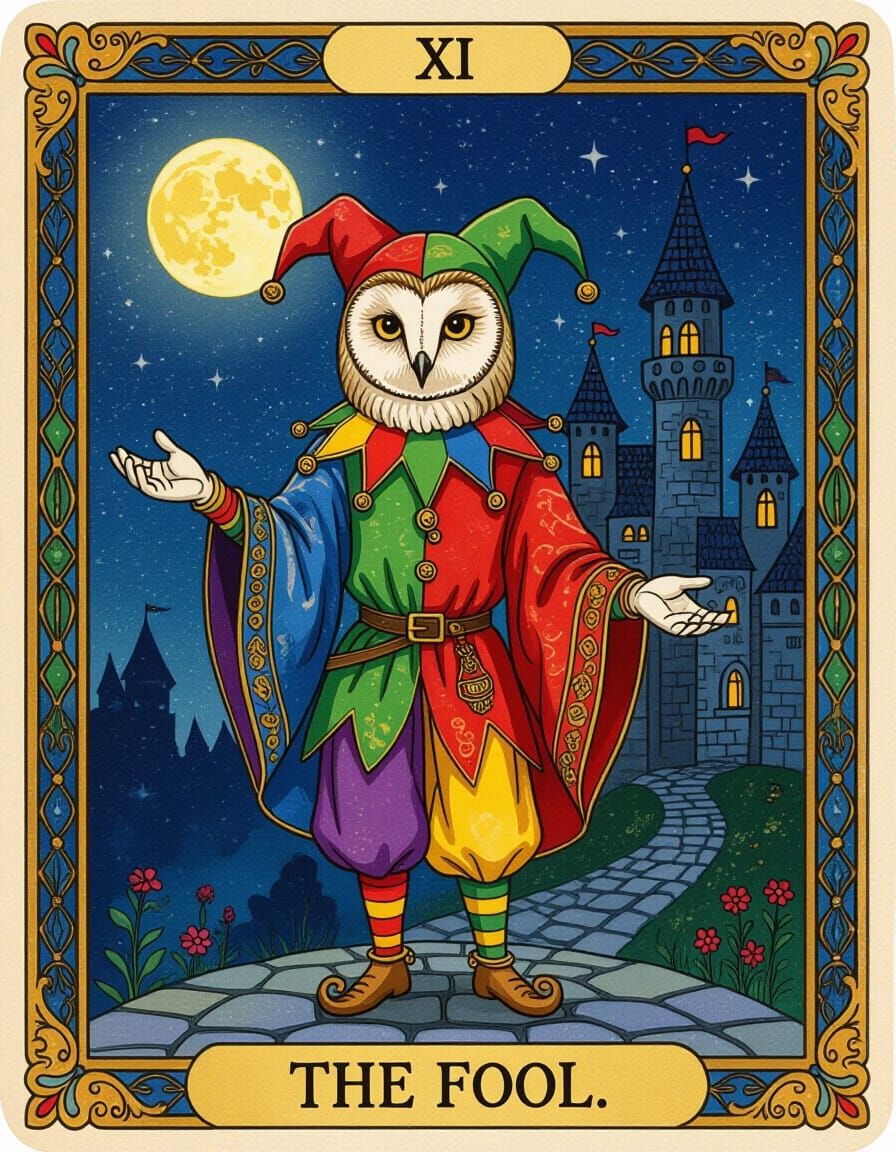 Jester Owl Tarot Card in Victorian Style