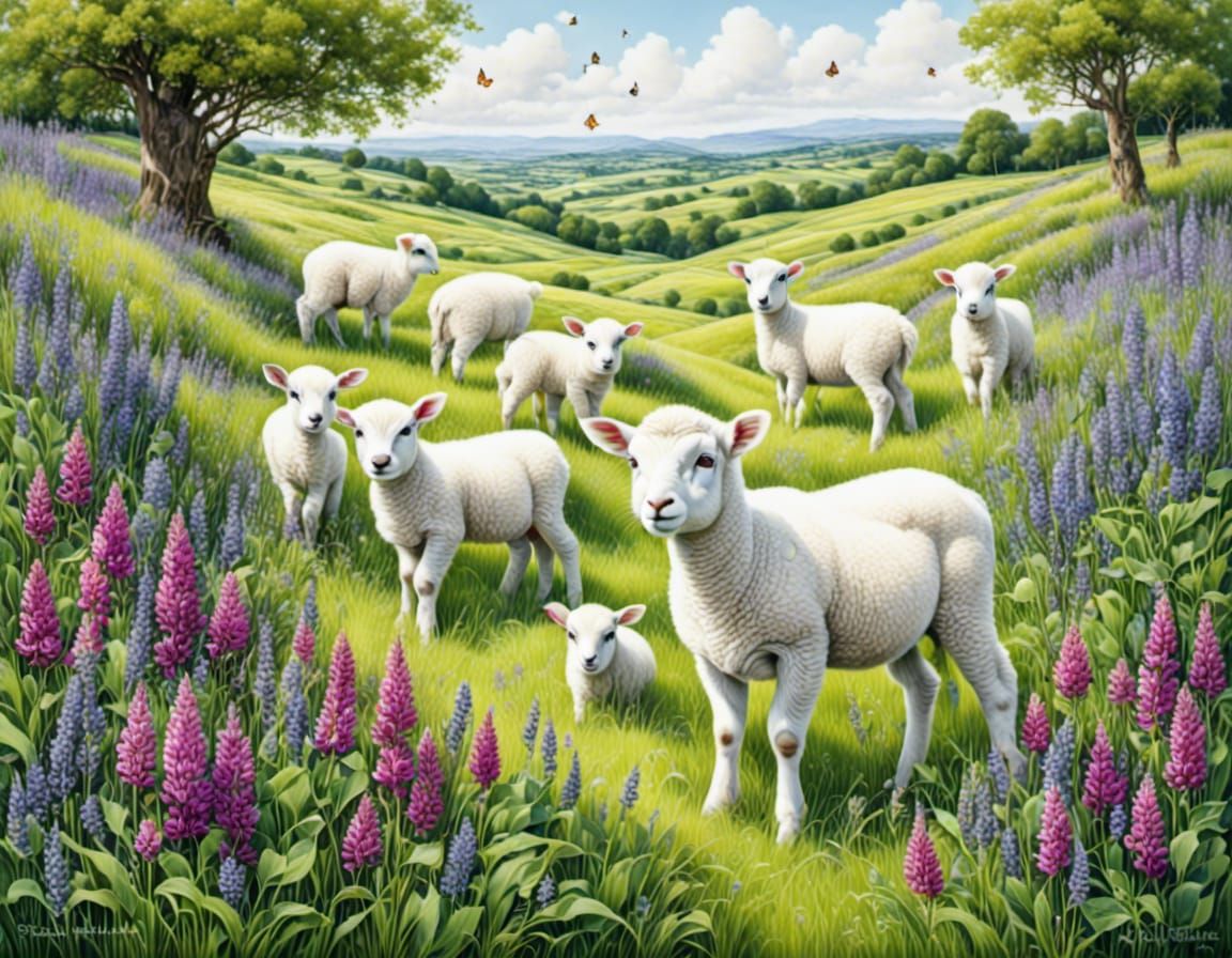 Cute Lambs Grazing in Lush Lavender Pasture