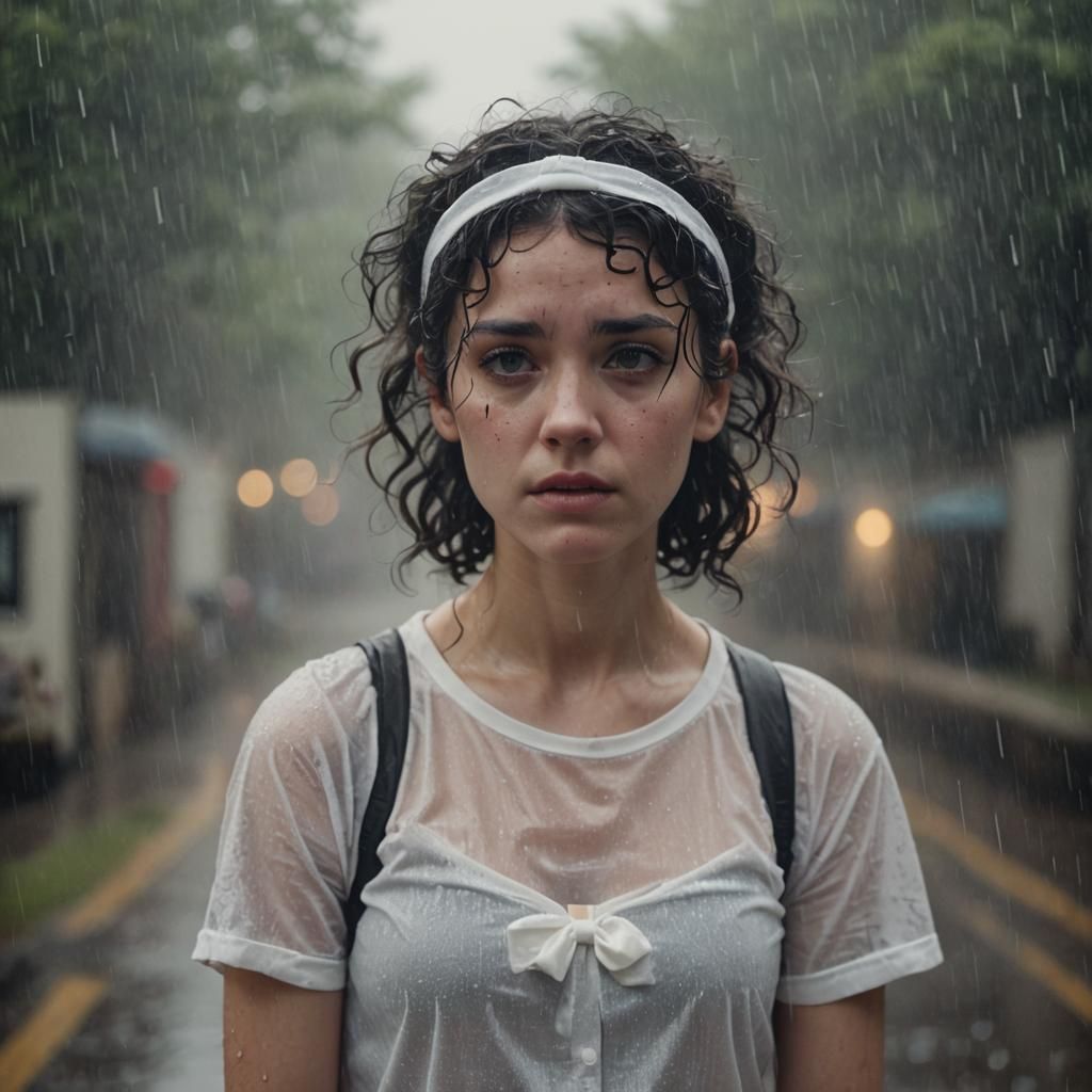 (anime art of ( She has black curly hair and a baggy opaque white t-shirt see throu, embarrassed expression: 1.2 an exam...